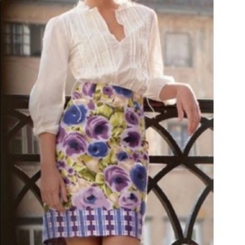 Anthropologie Yonana Baraschi Purple/Green Floral Plaid Pencil Skirt